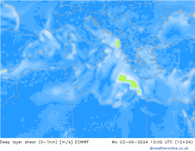 Deep layer shear (0-1km) ECMWF пн 03.06.2024 12 UTC