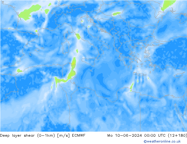 Deep layer shear (0-1km) ECMWF пн 10.06.2024 00 UTC