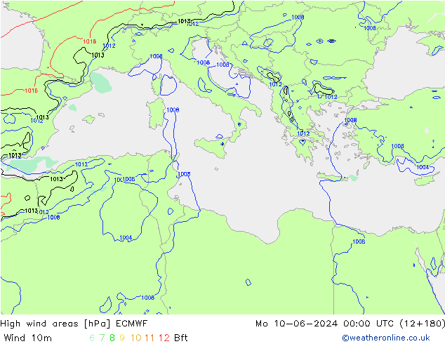High wind areas ECMWF пн 10.06.2024 00 UTC