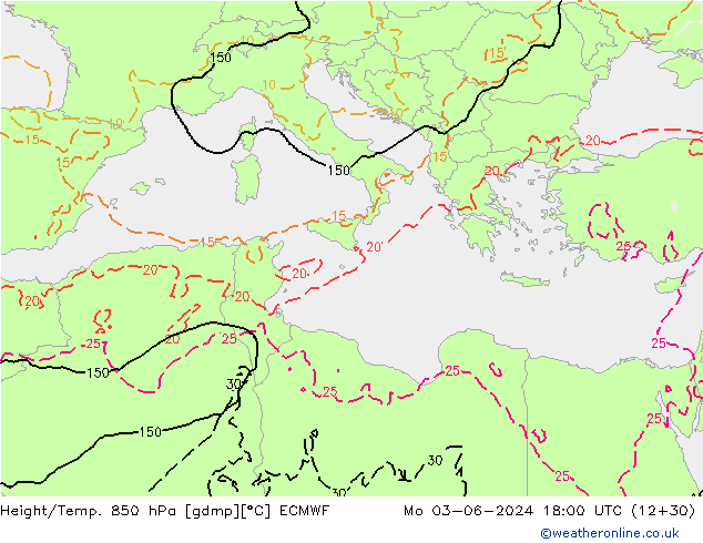 Height/Temp. 850 hPa ECMWF lun 03.06.2024 18 UTC