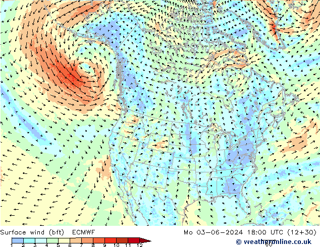 Surface wind (bft) ECMWF Mo 03.06.2024 18 UTC