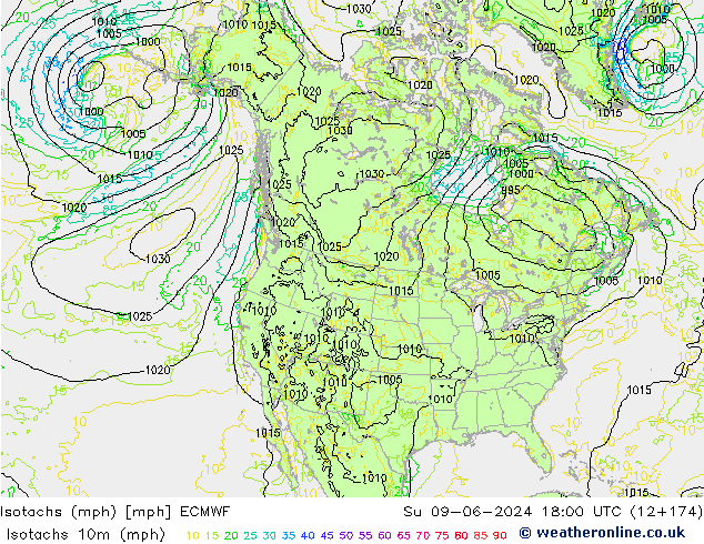 Isotachs (mph) ECMWF Вс 09.06.2024 18 UTC