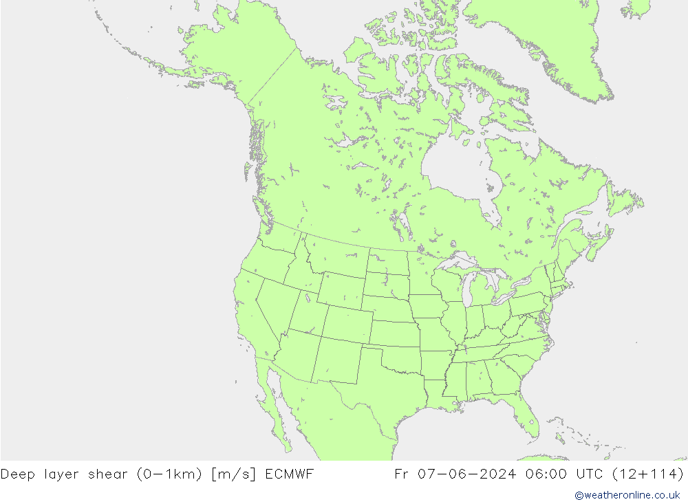 Deep layer shear (0-1km) ECMWF ven 07.06.2024 06 UTC