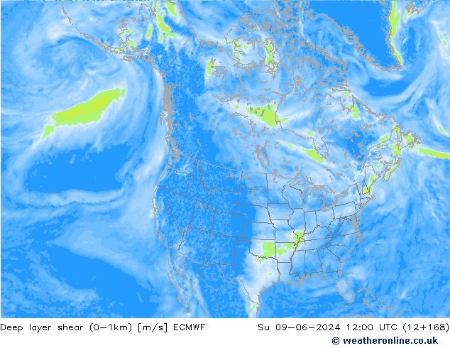 Deep layer shear (0-1km) ECMWF zo 09.06.2024 12 UTC