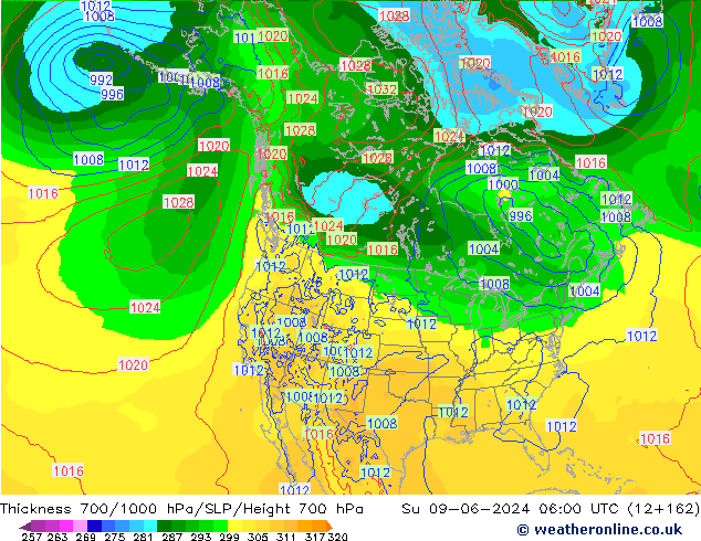 Espesor 700-1000 hPa ECMWF dom 09.06.2024 06 UTC