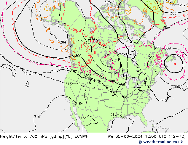 Height/Temp. 700 hPa ECMWF śro. 05.06.2024 12 UTC