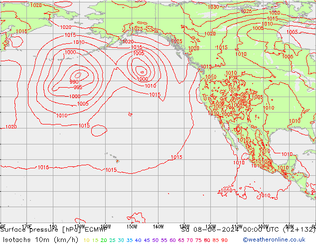 Isotachs (kph) ECMWF sam 08.06.2024 00 UTC