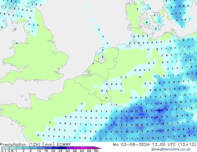 Precipitation (12h) ECMWF Mo 03.06.2024 00 UTC