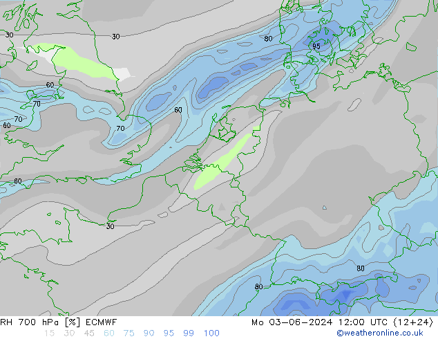 RH 700 hPa ECMWF 星期一 03.06.2024 12 UTC