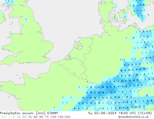 Precipitation accum. ECMWF 星期日 02.06.2024 18 UTC