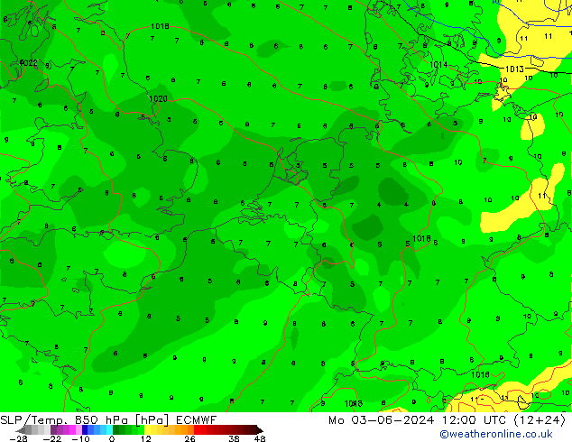 SLP/Temp. 850 hPa ECMWF lun 03.06.2024 12 UTC