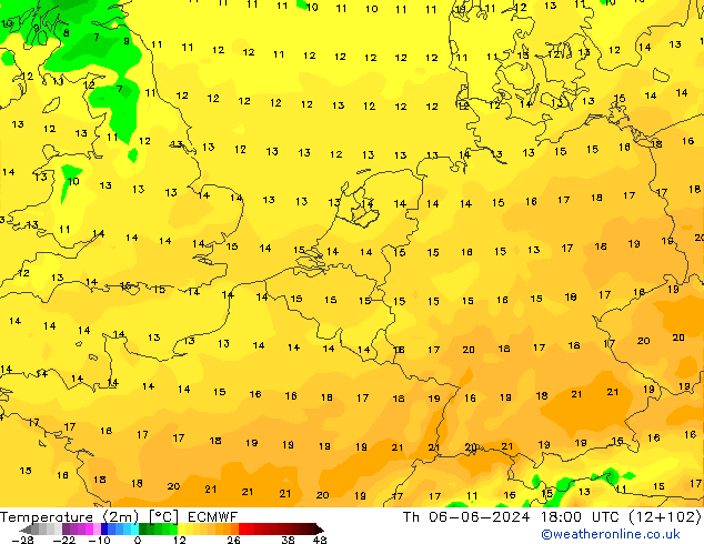 Temperature (2m) ECMWF Th 06.06.2024 18 UTC