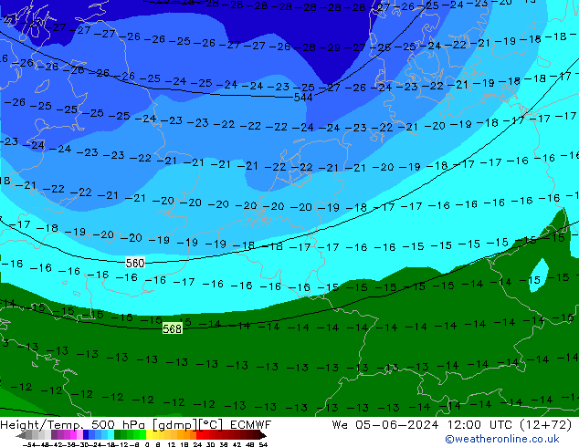 Z500/Rain (+SLP)/Z850 ECMWF mer 05.06.2024 12 UTC