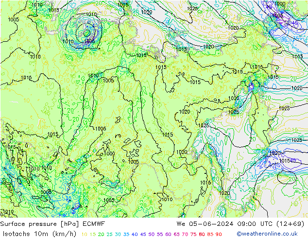 Isotachs (kph) ECMWF mer 05.06.2024 09 UTC