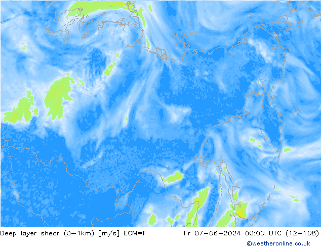 Deep layer shear (0-1km) ECMWF Fr 07.06.2024 00 UTC