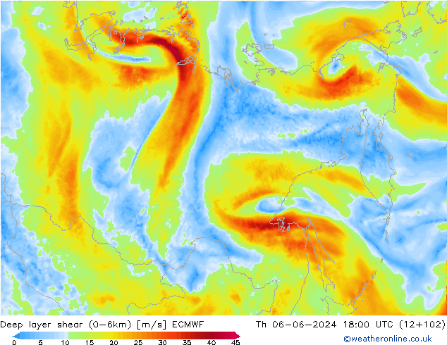 Deep layer shear (0-6km) ECMWF Th 06.06.2024 18 UTC