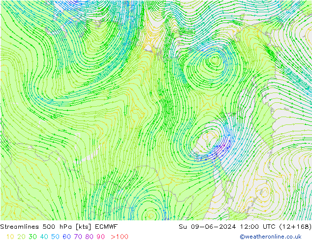 Streamlines 500 hPa ECMWF Su 09.06.2024 12 UTC