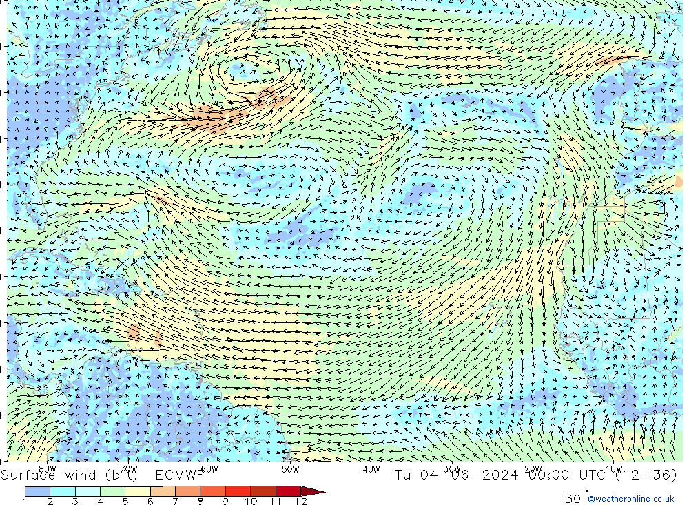 wiatr 10 m (bft) ECMWF wto. 04.06.2024 00 UTC