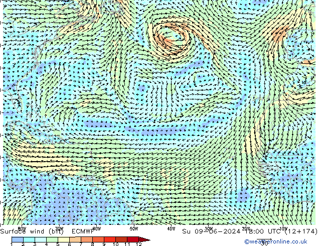 wiatr 10 m (bft) ECMWF nie. 09.06.2024 18 UTC