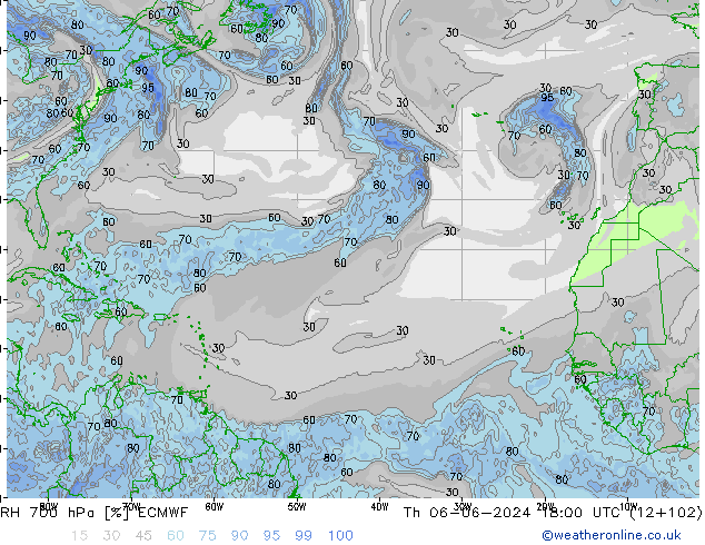 RH 700 hPa ECMWF Th 06.06.2024 18 UTC