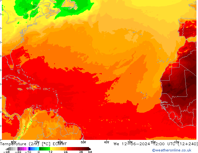 mapa temperatury (2m) ECMWF śro. 12.06.2024 12 UTC