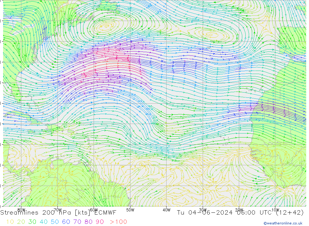 Streamlines 200 hPa ECMWF Tu 04.06.2024 06 UTC