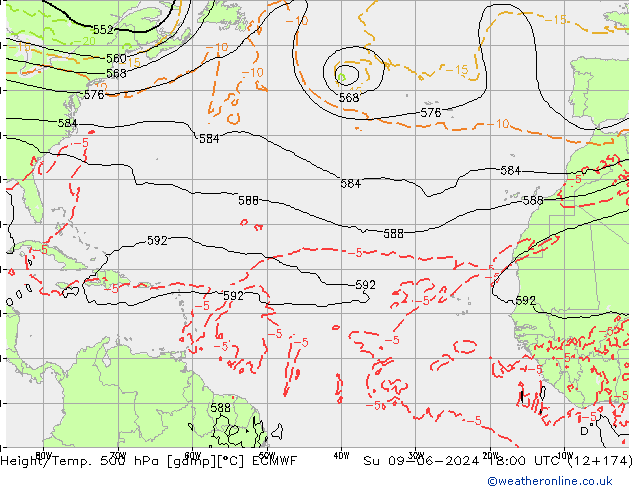 Height/Temp. 500 hPa ECMWF So 09.06.2024 18 UTC