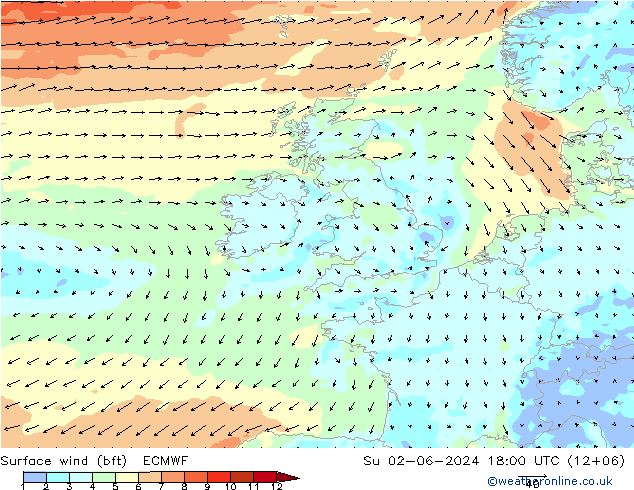 Vento 10 m (bft) ECMWF Dom 02.06.2024 18 UTC