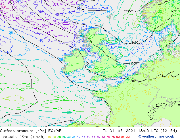 Izotacha (km/godz) ECMWF wto. 04.06.2024 18 UTC