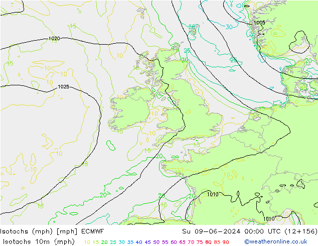 Isotachs (mph) ECMWF Вс 09.06.2024 00 UTC