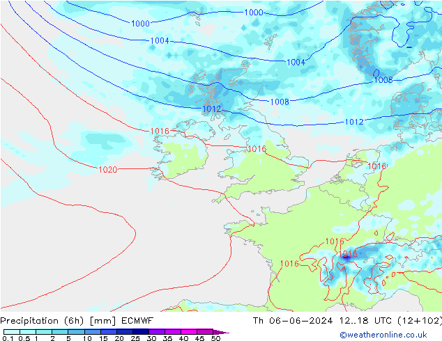 Totale neerslag (6h) ECMWF do 06.06.2024 18 UTC