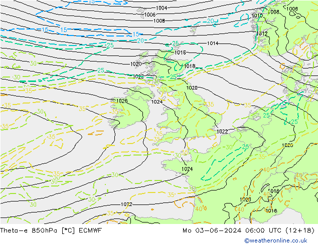 Theta-e 850hPa ECMWF Mo 03.06.2024 06 UTC