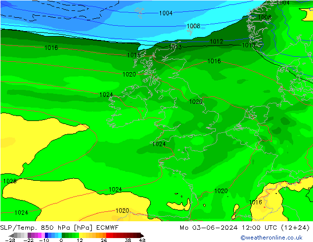 SLP/Temp. 850 hPa ECMWF  03.06.2024 12 UTC