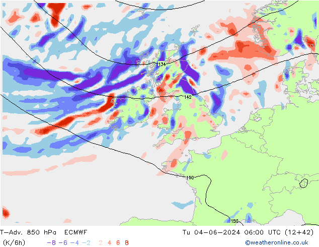 T-Adv. 850 hPa ECMWF Út 04.06.2024 06 UTC