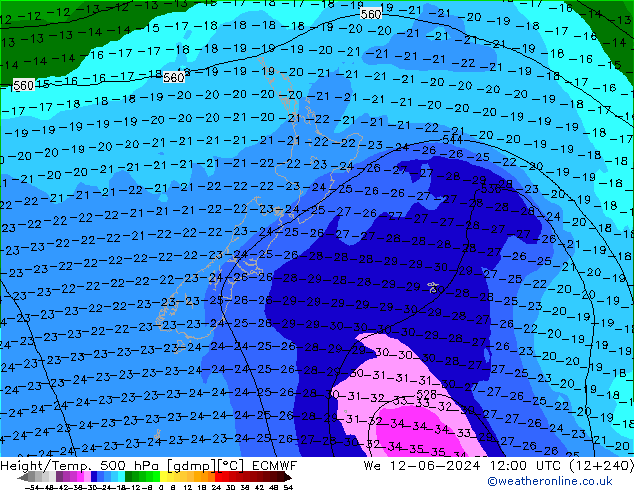 Height/Temp. 500 hPa ECMWF St 12.06.2024 12 UTC