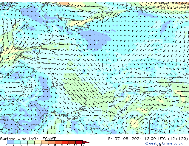 Rüzgar 10 m (bft) ECMWF Cu 07.06.2024 12 UTC