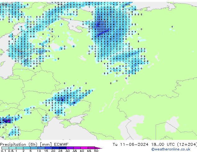 Precipitation (6h) ECMWF Tu 11.06.2024 00 UTC