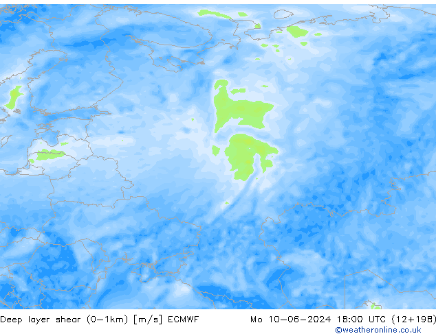 Deep layer shear (0-1km) ECMWF Mo 10.06.2024 18 UTC