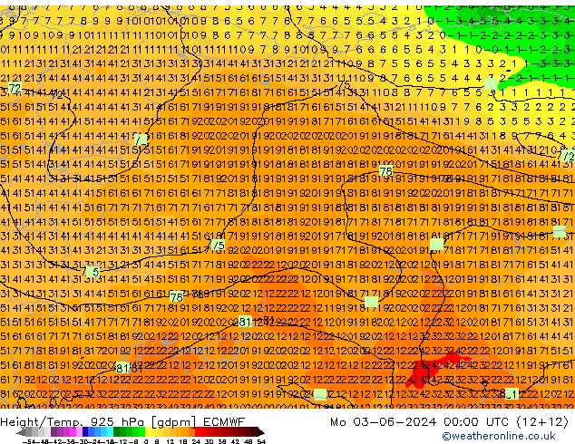 Geop./Temp. 925 hPa ECMWF lun 03.06.2024 00 UTC