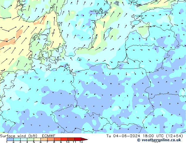 Surface wind (bft) ECMWF Tu 04.06.2024 18 UTC