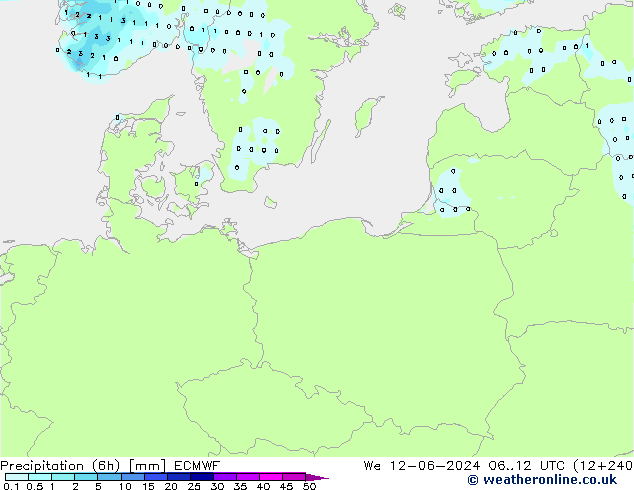 Precipitation (6h) ECMWF St 12.06.2024 12 UTC