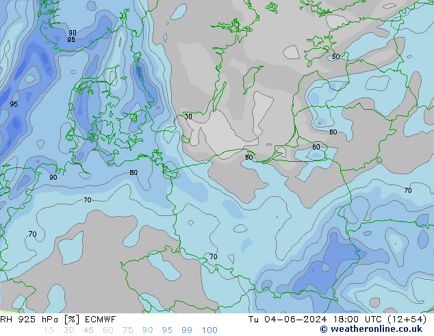 RH 925 hPa ECMWF Tu 04.06.2024 18 UTC