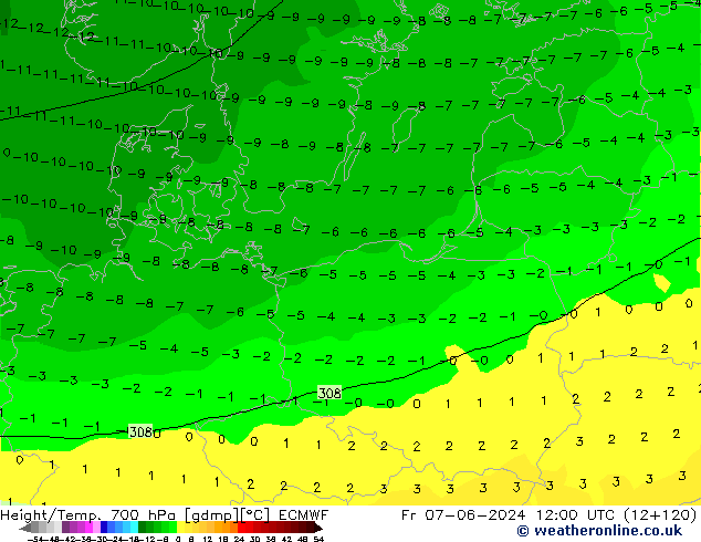 Height/Temp. 700 hPa ECMWF Fr 07.06.2024 12 UTC