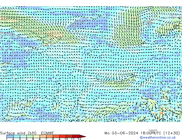 Bodenwind (bft) ECMWF Mo 03.06.2024 18 UTC