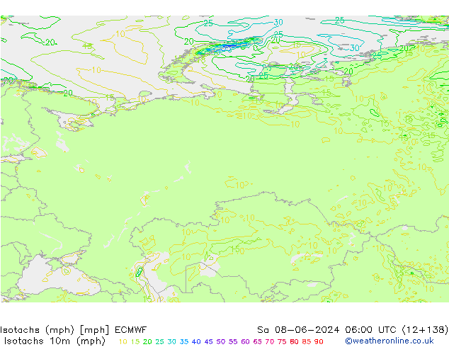 Isotachs (mph) ECMWF sab 08.06.2024 06 UTC