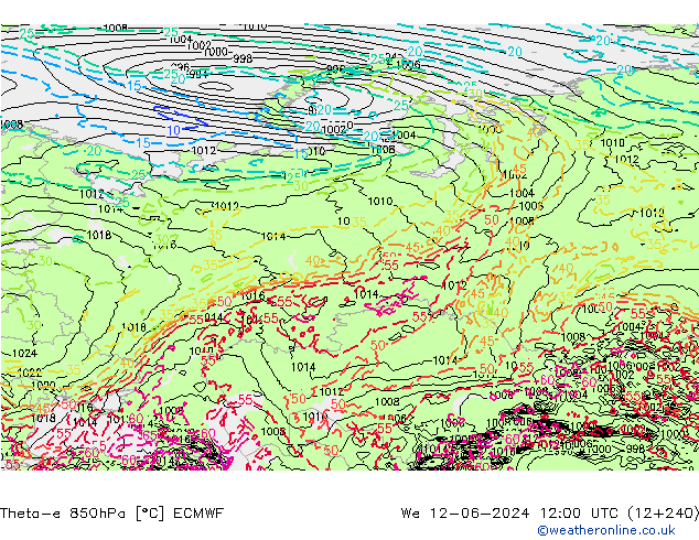 Theta-e 850hPa ECMWF mer 12.06.2024 12 UTC