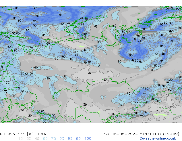 RH 925 hPa ECMWF Dom 02.06.2024 21 UTC