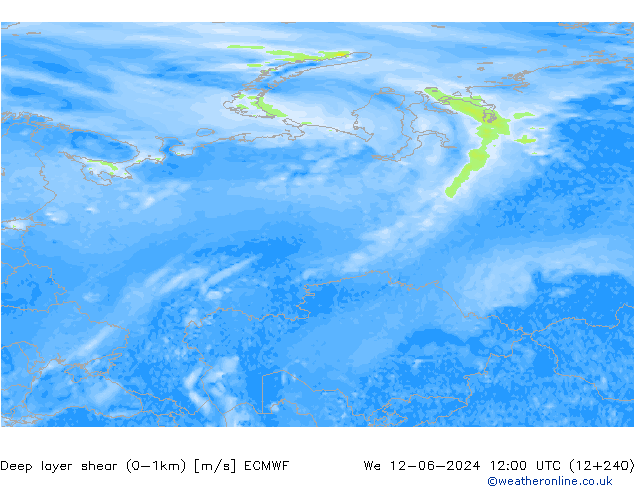 Deep layer shear (0-1km) ECMWF mer 12.06.2024 12 UTC