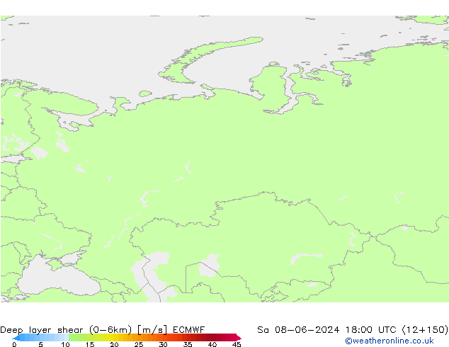 Deep layer shear (0-6km) ECMWF sam 08.06.2024 18 UTC