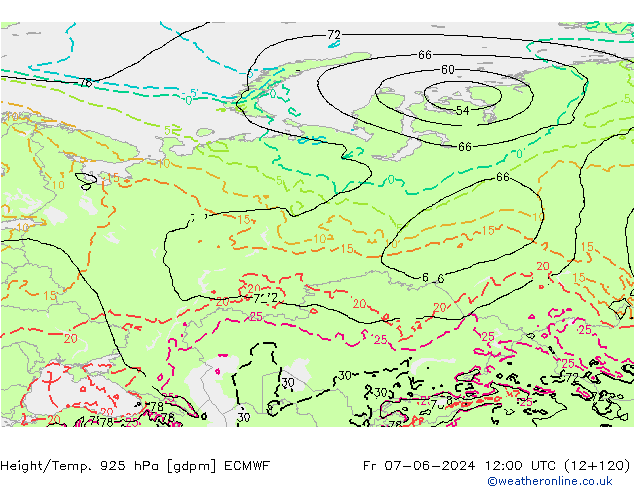 Height/Temp. 925 hPa ECMWF Fr 07.06.2024 12 UTC